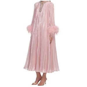 Self Portrait Pink Metallic Chiffon Feather Midi Dress